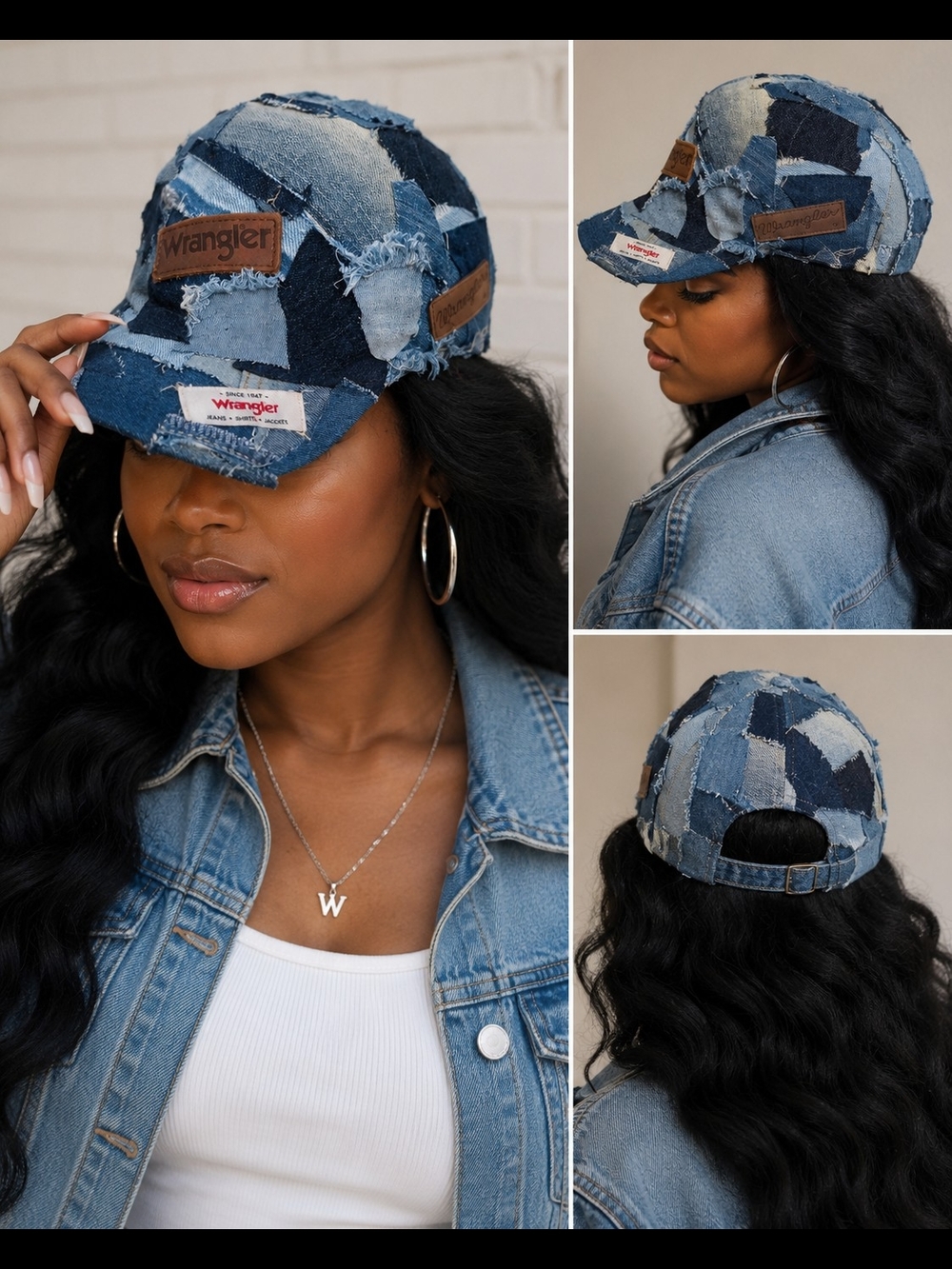 Wrangler Upcyled Patchwork Denim Cap in Mixed Blue Tones